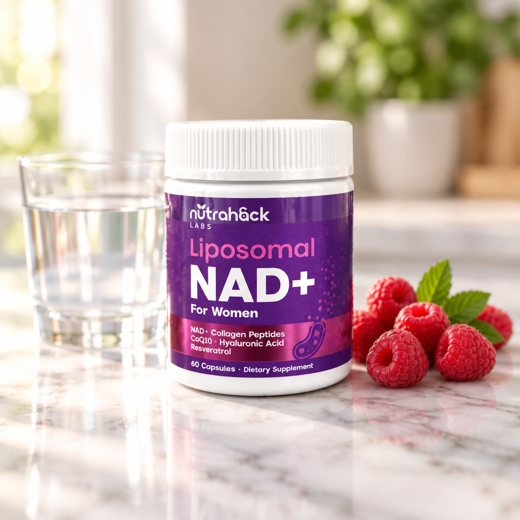 Liposomal NAD+ For Women — jar on a marble kitchen counter with a glass of water and raspberries