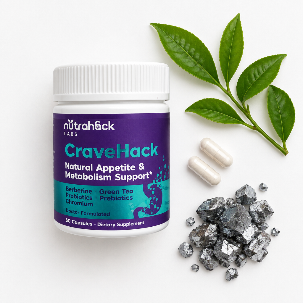 CraveHack — top-down flat-lay of jar with capsules and green tea leaves