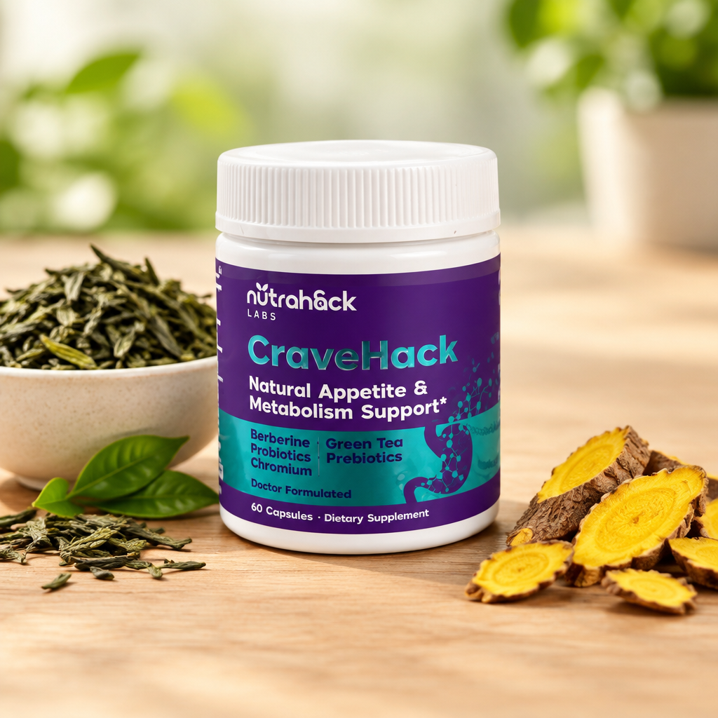 CraveHack — jar on a wooden table with green tea leaves and berberine root