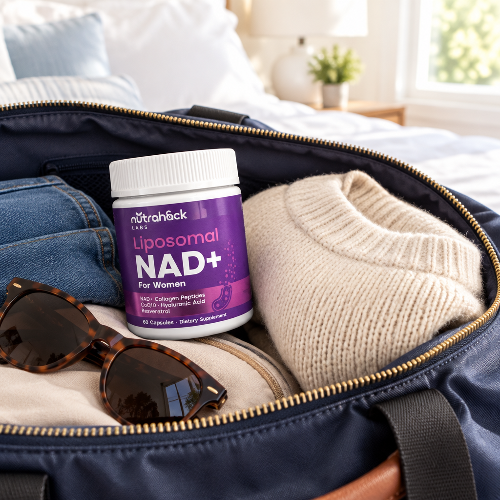 Liposomal NAD+ For Women — jar packed in an open travel bag with sunglasses and a sweater