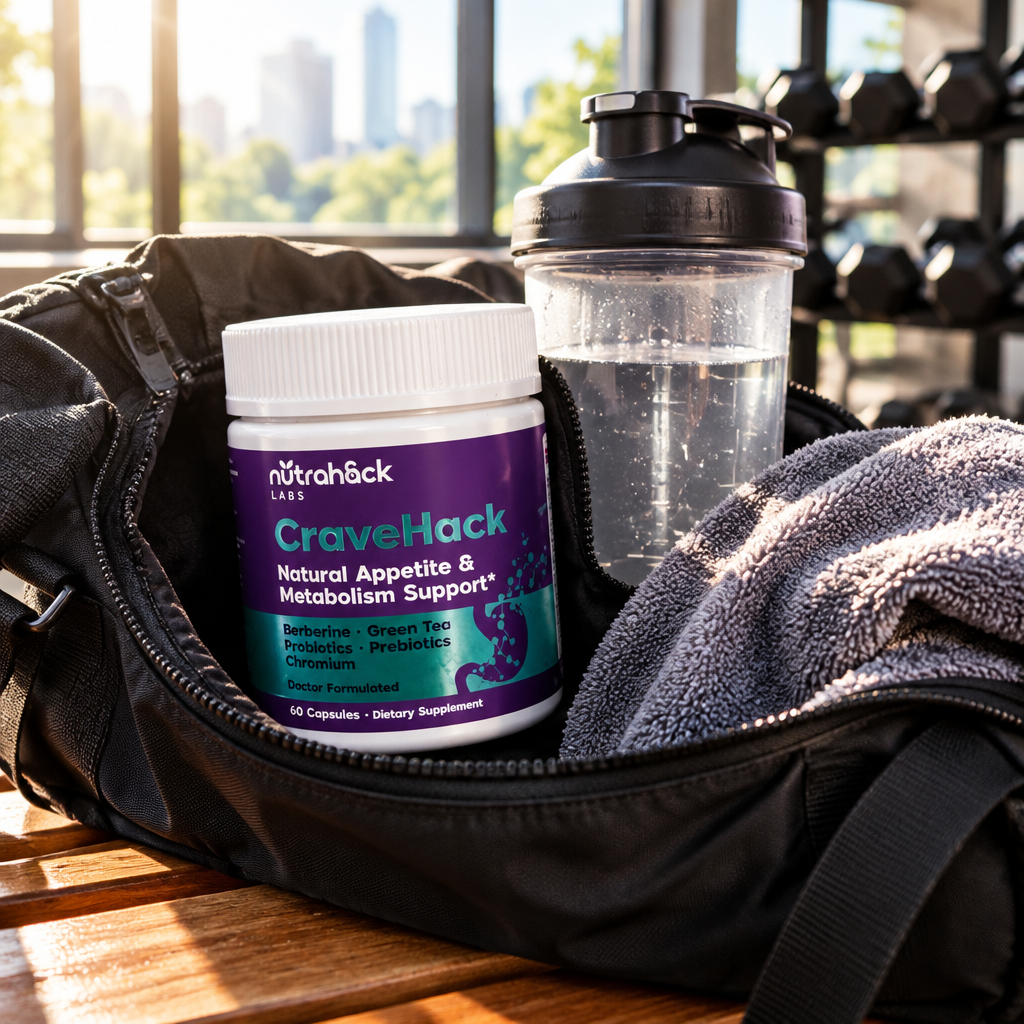 CraveHack — jar in an open gym bag with a shaker bottle and towel