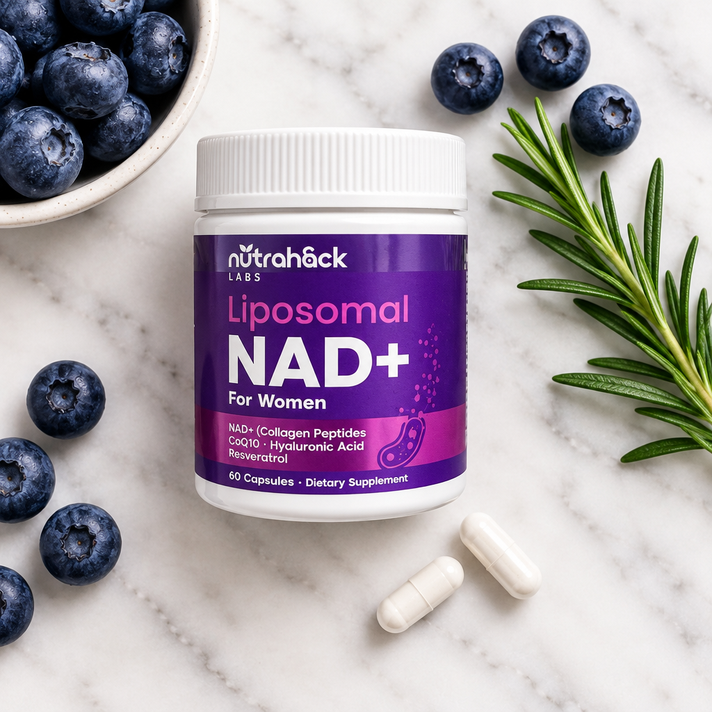 Liposomal NAD+ For Women — close-up of jar and capsules on white stone with blueberries and rosemary