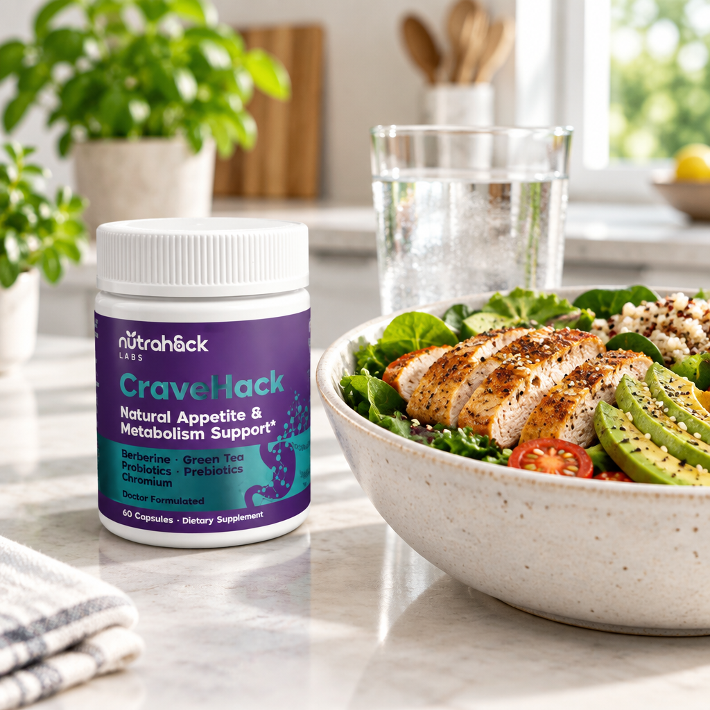 CraveHack — jar on a kitchen counter next to a healthy lunch bowl and water