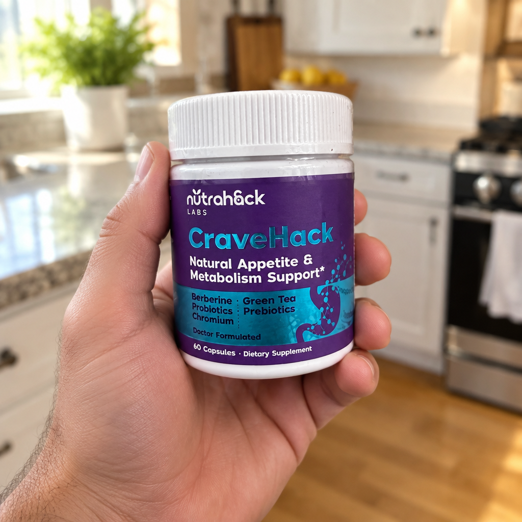CraveHack — jar held in a hand in a bright kitchen