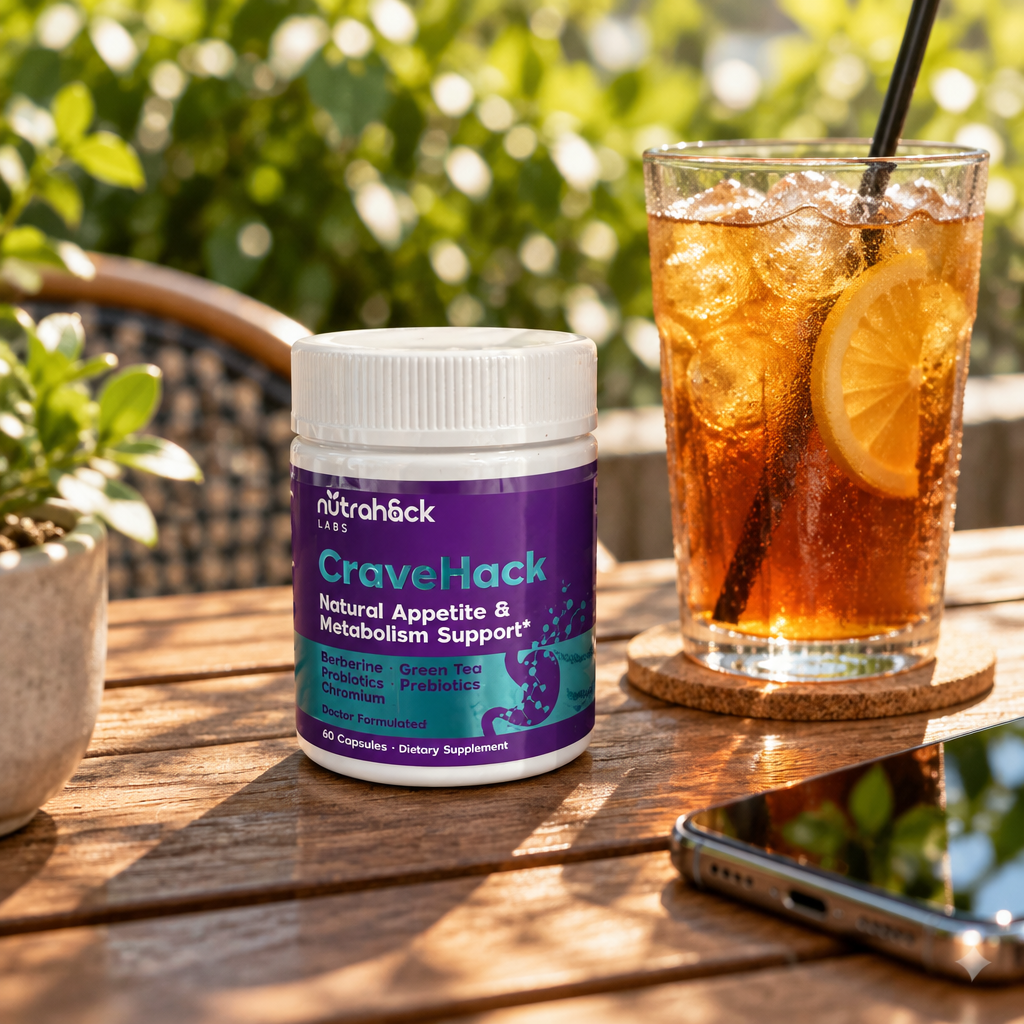 CraveHack — jar on an outdoor cafe table with an iced tea