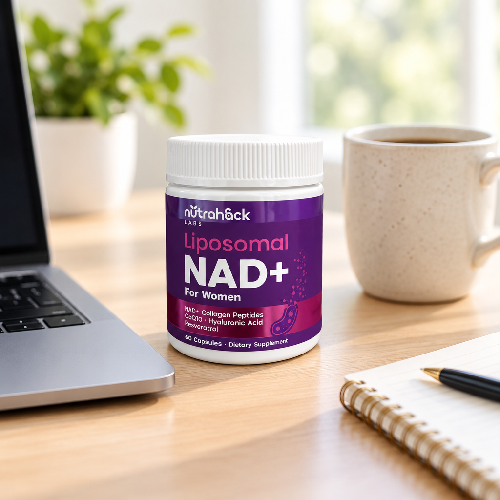 Liposomal NAD+ For Women — jar on a home office desk beside a laptop and coffee mug