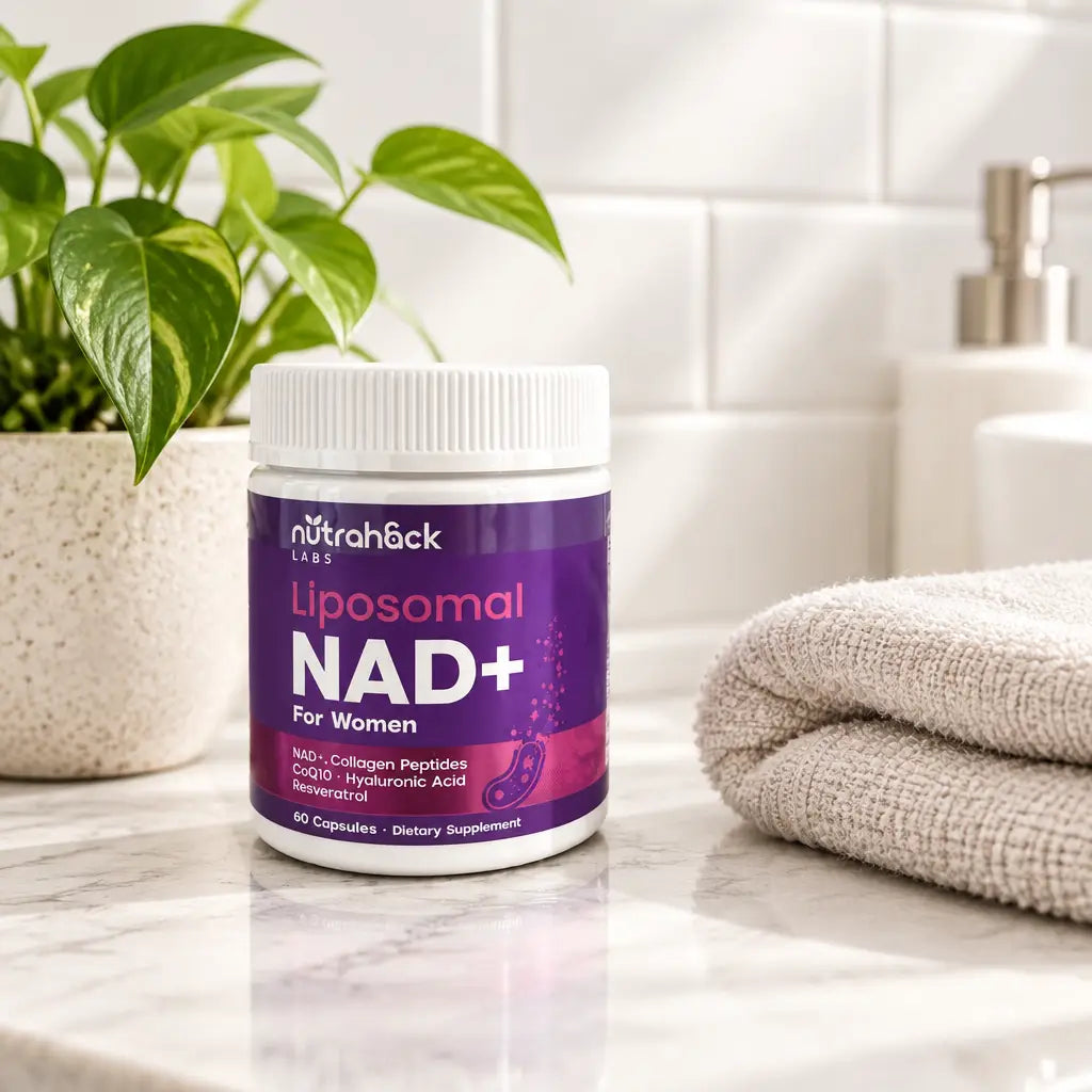 Liposomal NAD+ For Women — jar on a marble bathroom counter with a houseplant and folded towel