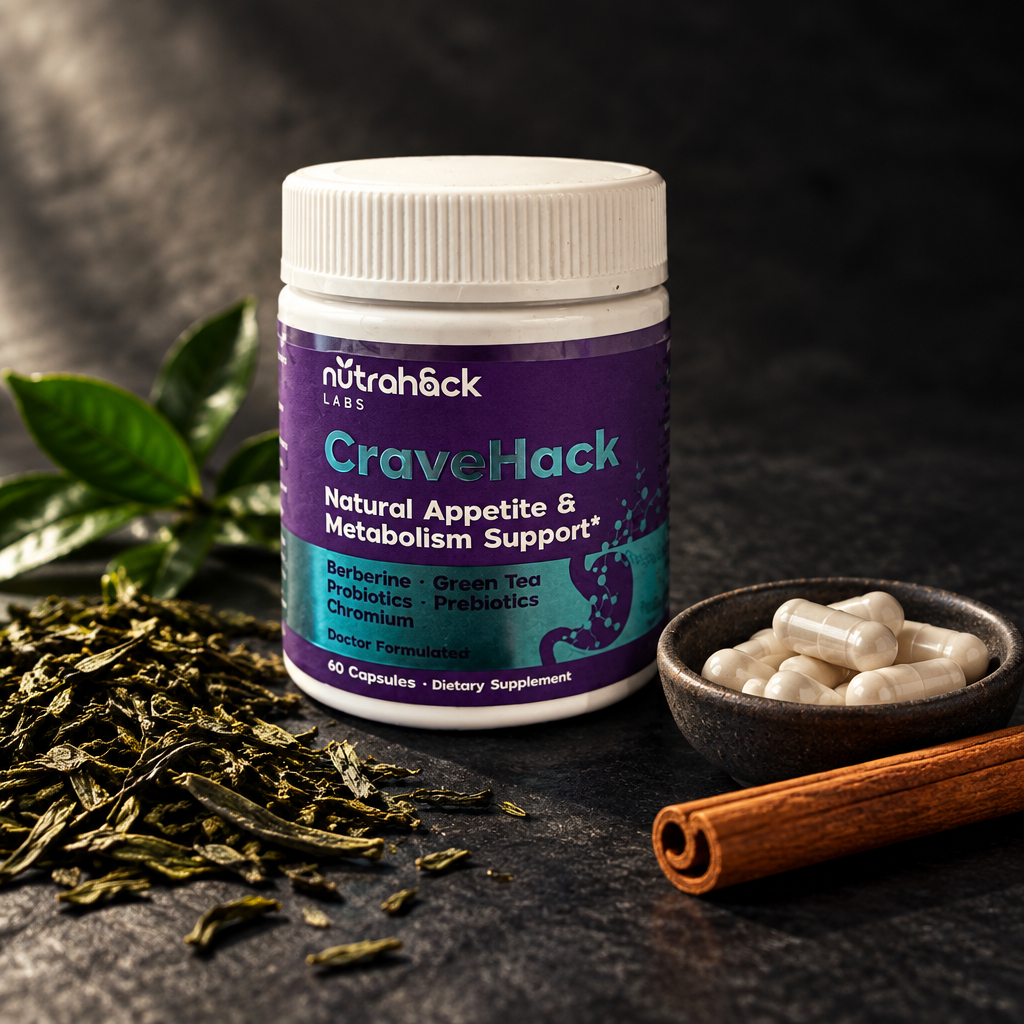 CraveHack — jar on dark slate with green tea leaves and a cinnamon stick