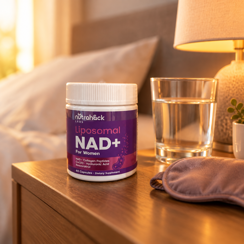 Liposomal NAD+ For Women and Liposomal NAD+ Original — jar on a bedside table at dawn with a lamp and water